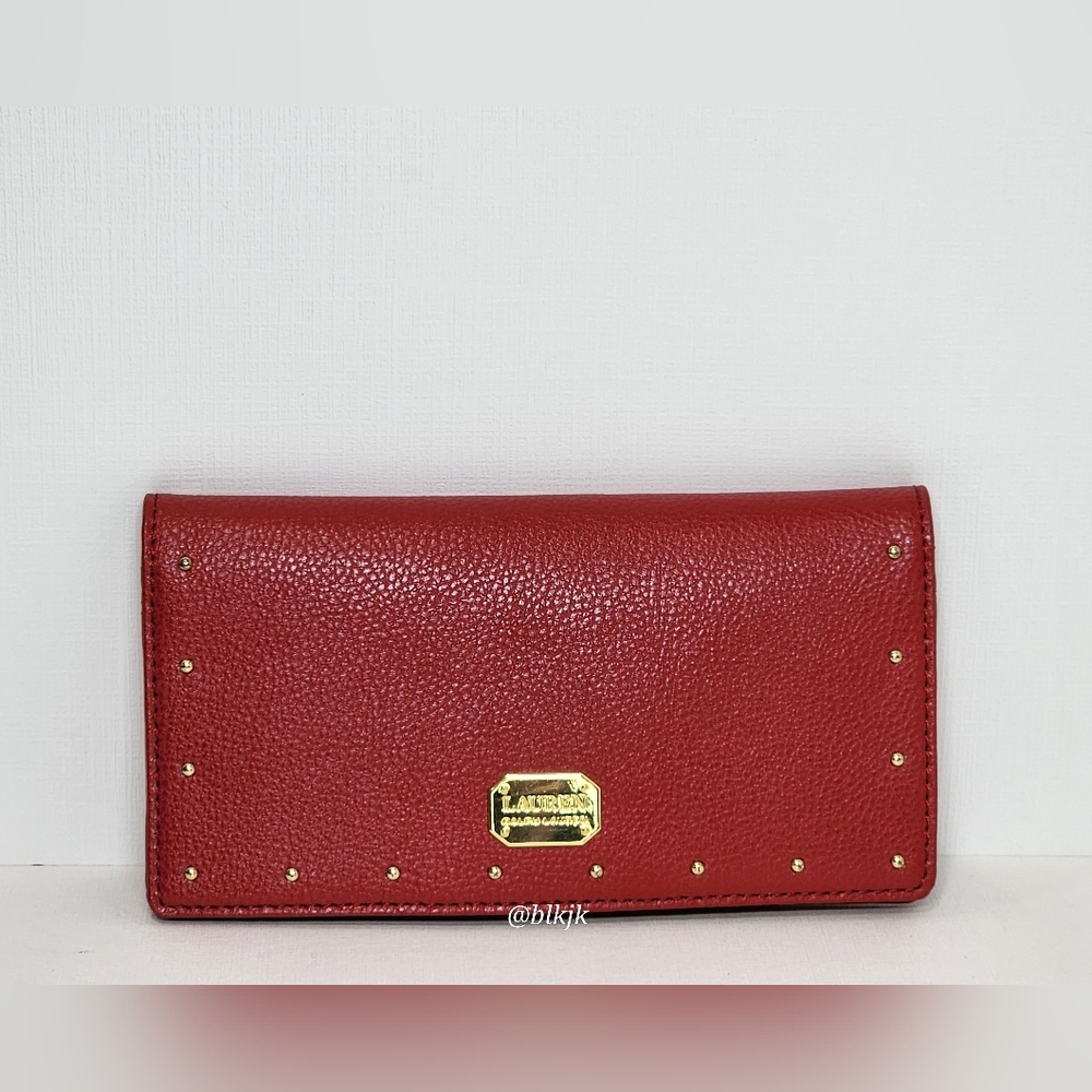 Lauren Ralph Lauren Gold Studded Pebbled Leather Wallet *Red* EUC